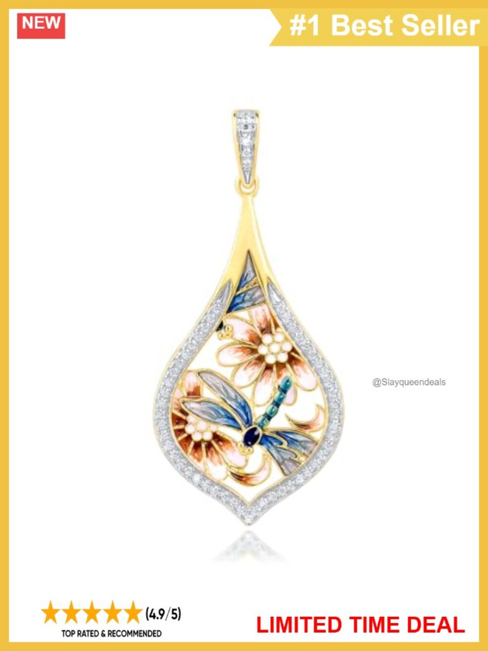 14K Gold Plated Dragonfly Pendant 925 Sterling Silver Enamel Cubic Zirconia
